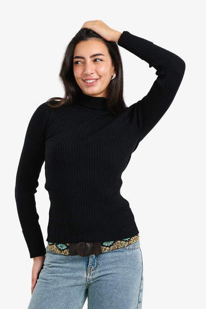 Polyamide Ribbed Turtleneck Pullover – Black