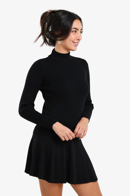 Wool Ribbed High Neck Pullover – Black