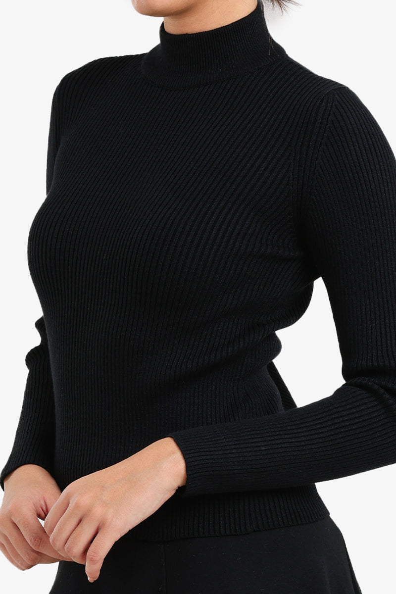Wool Ribbed High Neck Pullover – Black