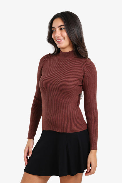 Wool Ribbed High Neck Pullover – Dark Brown