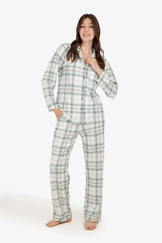 Cotton Flannel Checked Pajama Set – White & Green