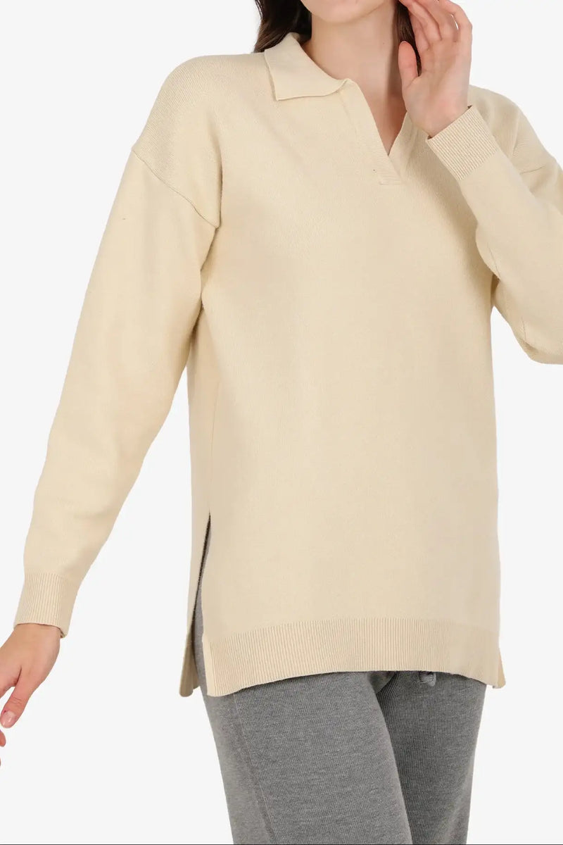 Polyamide Blend Solid Pullover –Beige