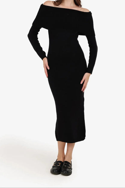 Polyester Plain Off-Shoulder Midi Dress – Black