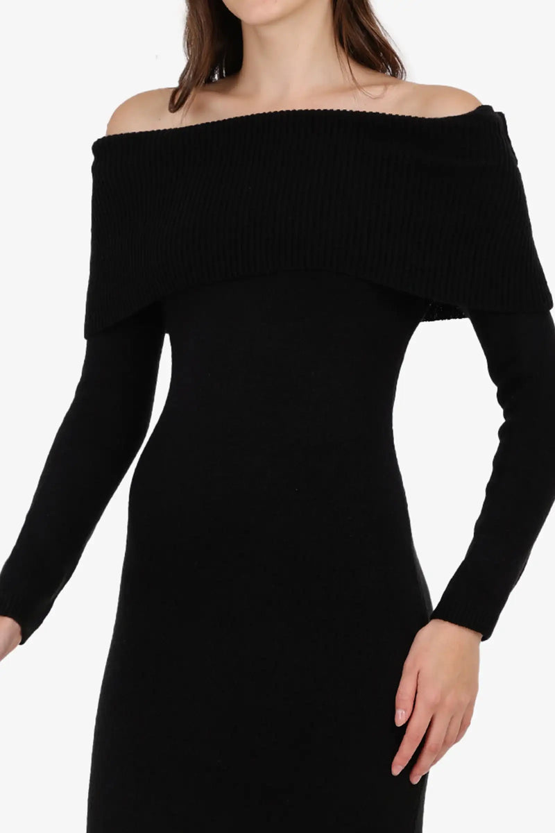 Polyester Plain Off-Shoulder Midi Dress – Black