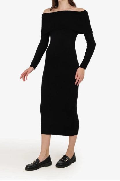 Polyester Plain Off-Shoulder Midi Dress – Black