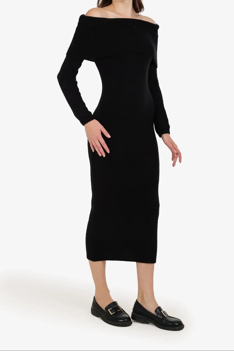 Polyester Plain Off-Shoulder Midi Dress – Black