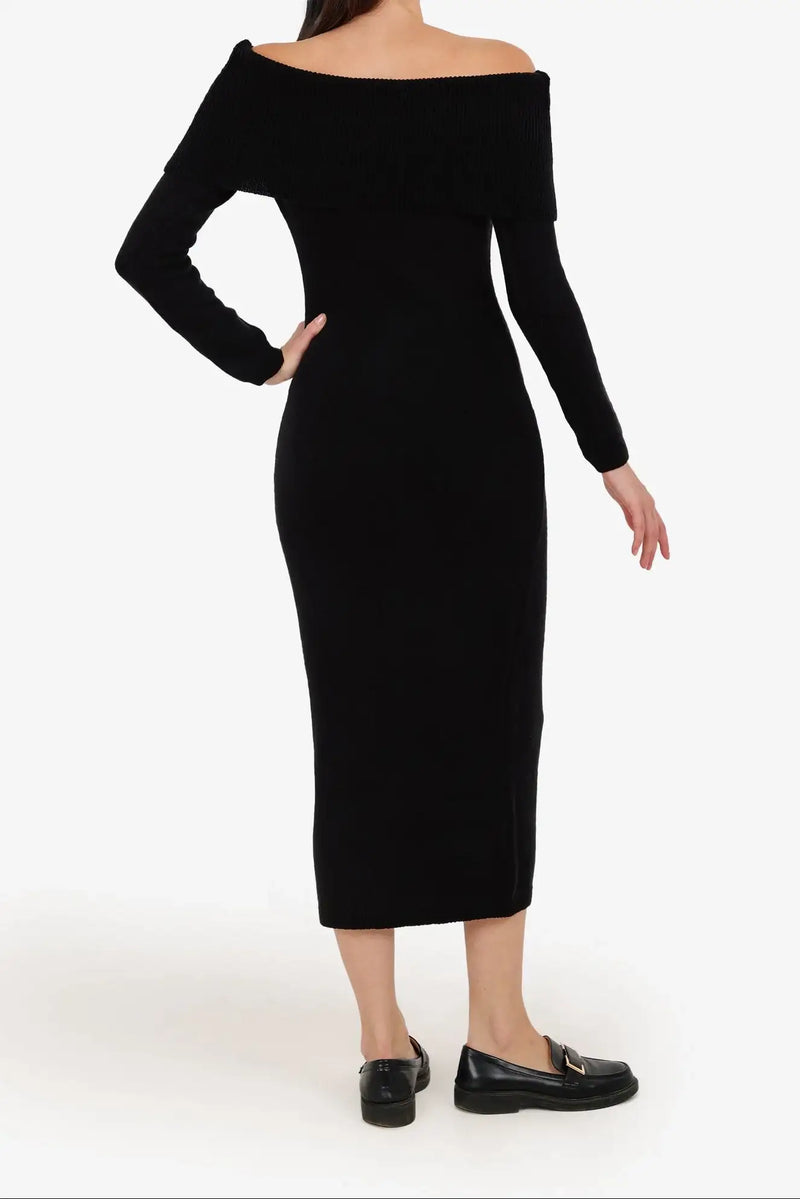Polyester Plain Off-Shoulder Midi Dress – Black