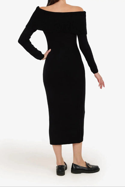 Polyester Plain Off-Shoulder Midi Dress – Black