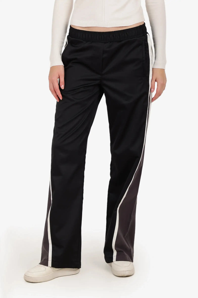 Polyester Blend Two-Tone Wide-Leg Pants – Black