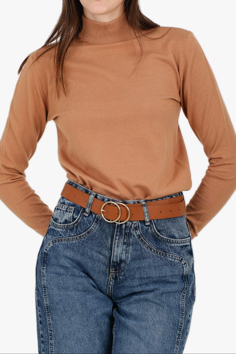 Acrylic Solid High Neck Pullover – Camel