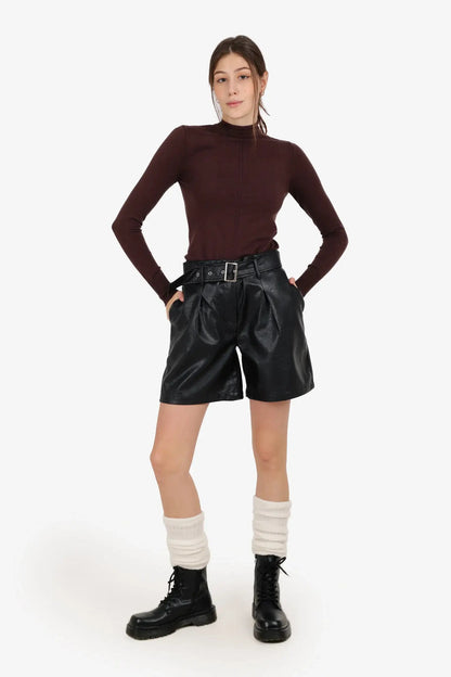 Tencel Solid Mock Neck Top – Dark Brown