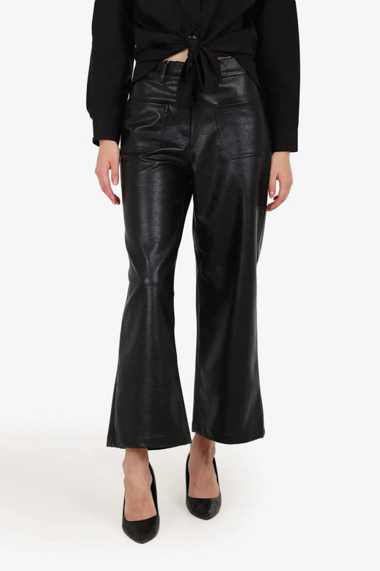 Faux Leather Plain Flare Pants – Black