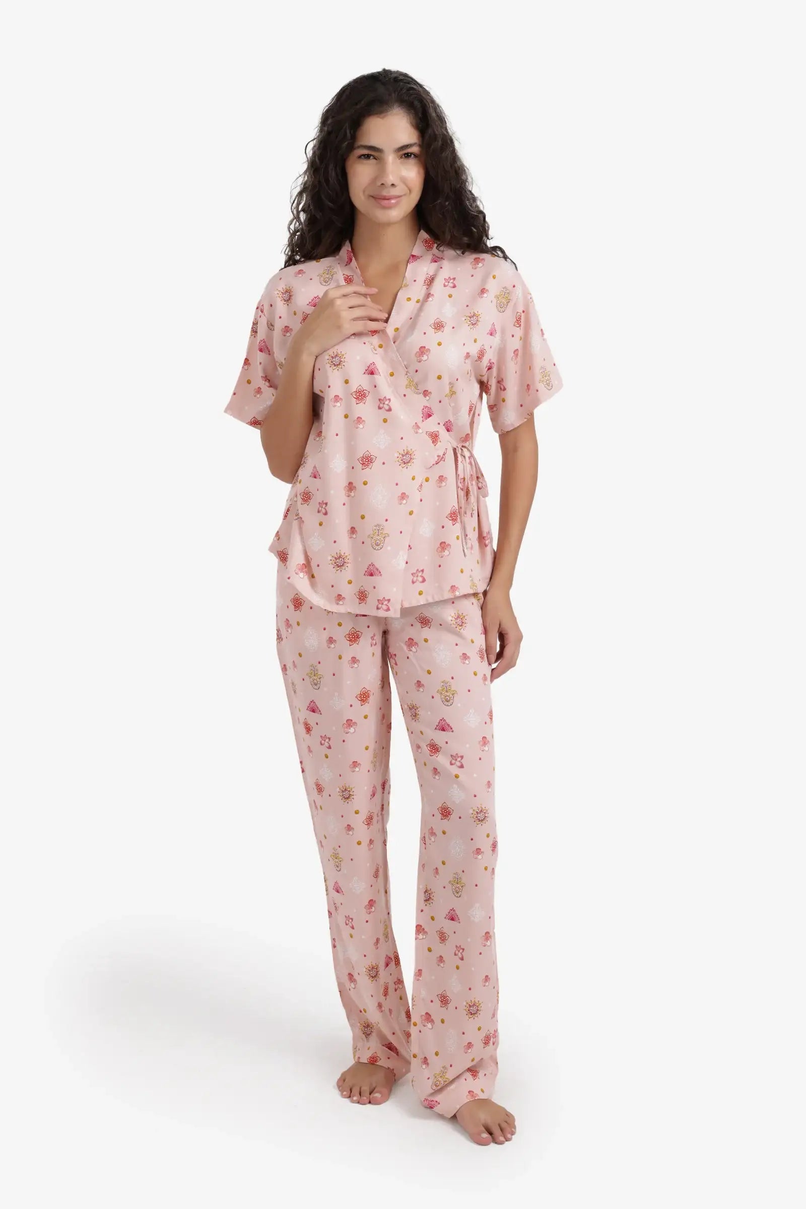 Floral Wrap Side-Tie Pajama Set – Multicolor