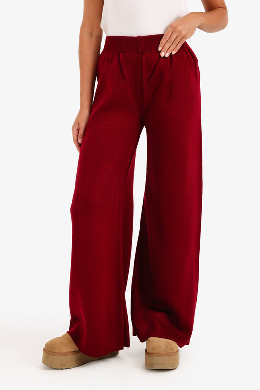 Acrylic Solid High-Waisted Lounge Pants – Wine