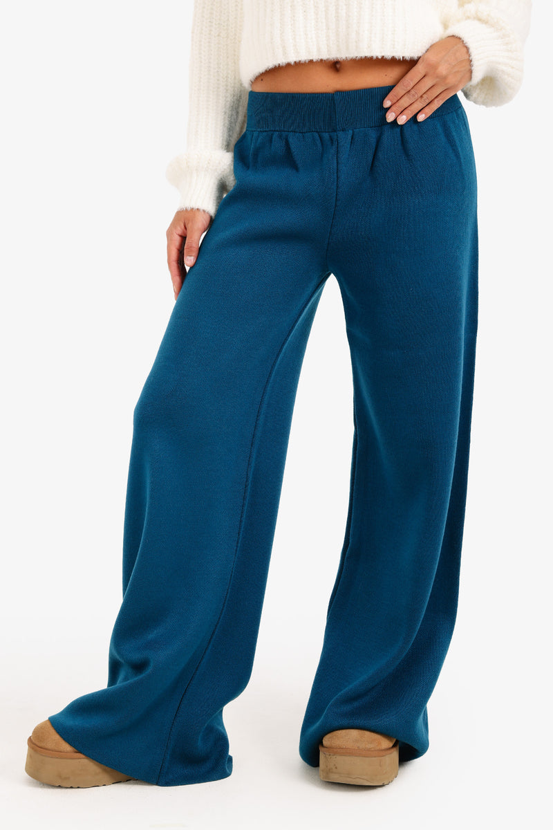 Acrylic Solid High-Waisted Lounge Pants – Blue Petroleum