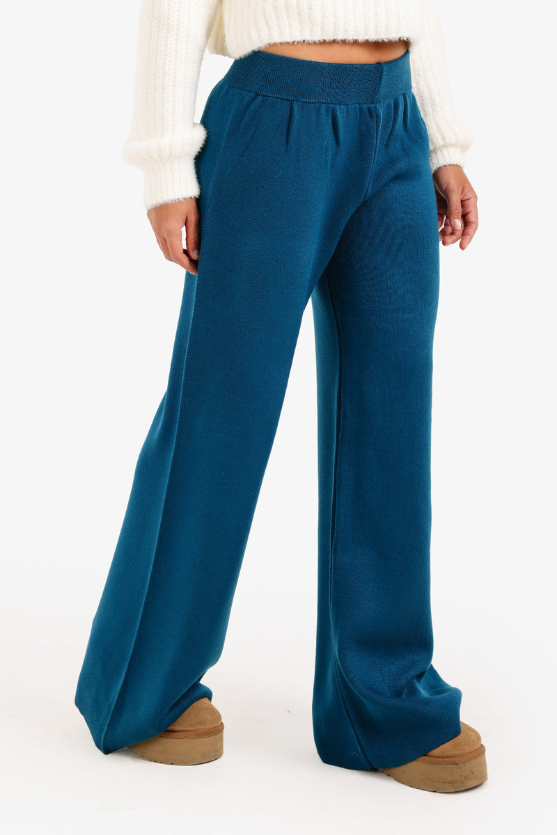 Acrylic Solid High-Waisted Lounge Pants – Blue Petroleum