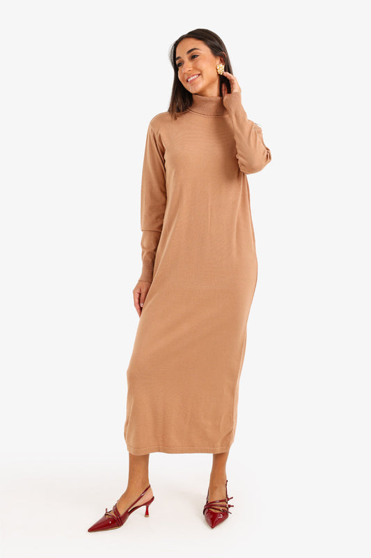 Viscose Knit Turtle Neck Midi Dress – Camel