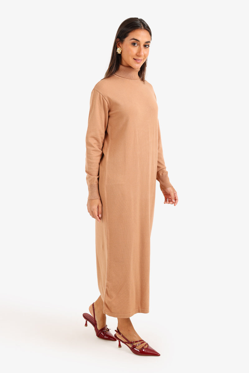 Viscose Knit Turtle Neck Midi Dress – Camel