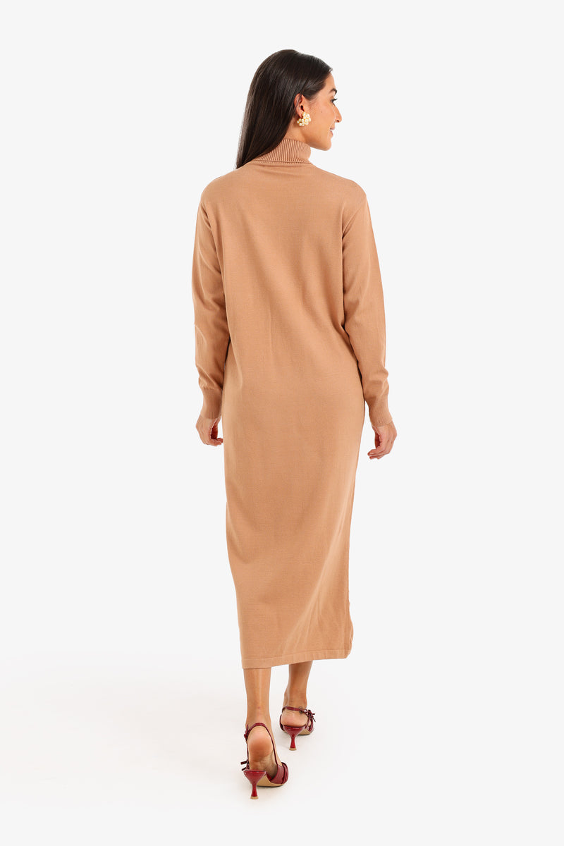 Viscose Knit Turtle Neck Midi Dress – Camel