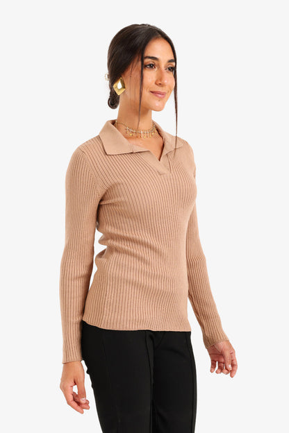 Polyamide Ribbed Tricot Pullover – Beige