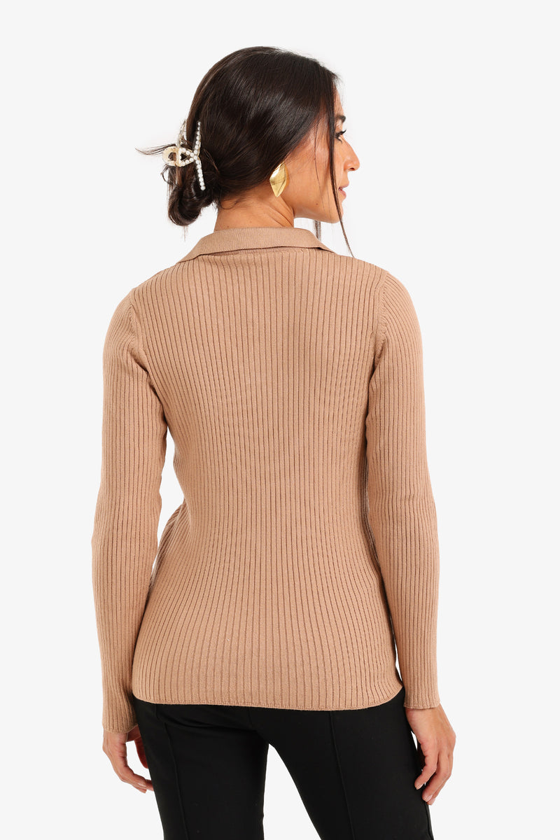 Polyamide Ribbed Tricot Pullover – Beige