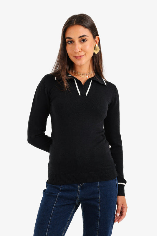 Viscose Contrast Panel Knit Pullover – Black