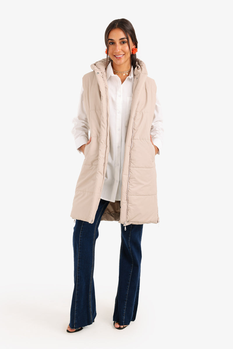 Polyester Hooded Long Puffer Vest – Beige