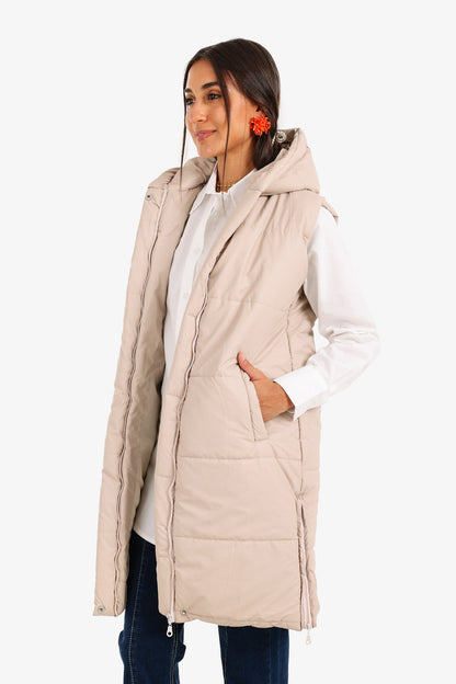 Polyester Hooded Long Puffer Vest – Beige