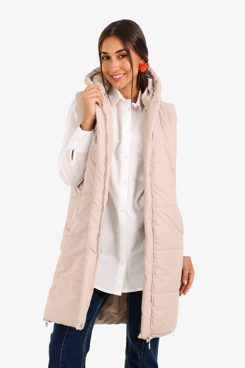 Polyester Hooded Long Puffer Vest – Beige