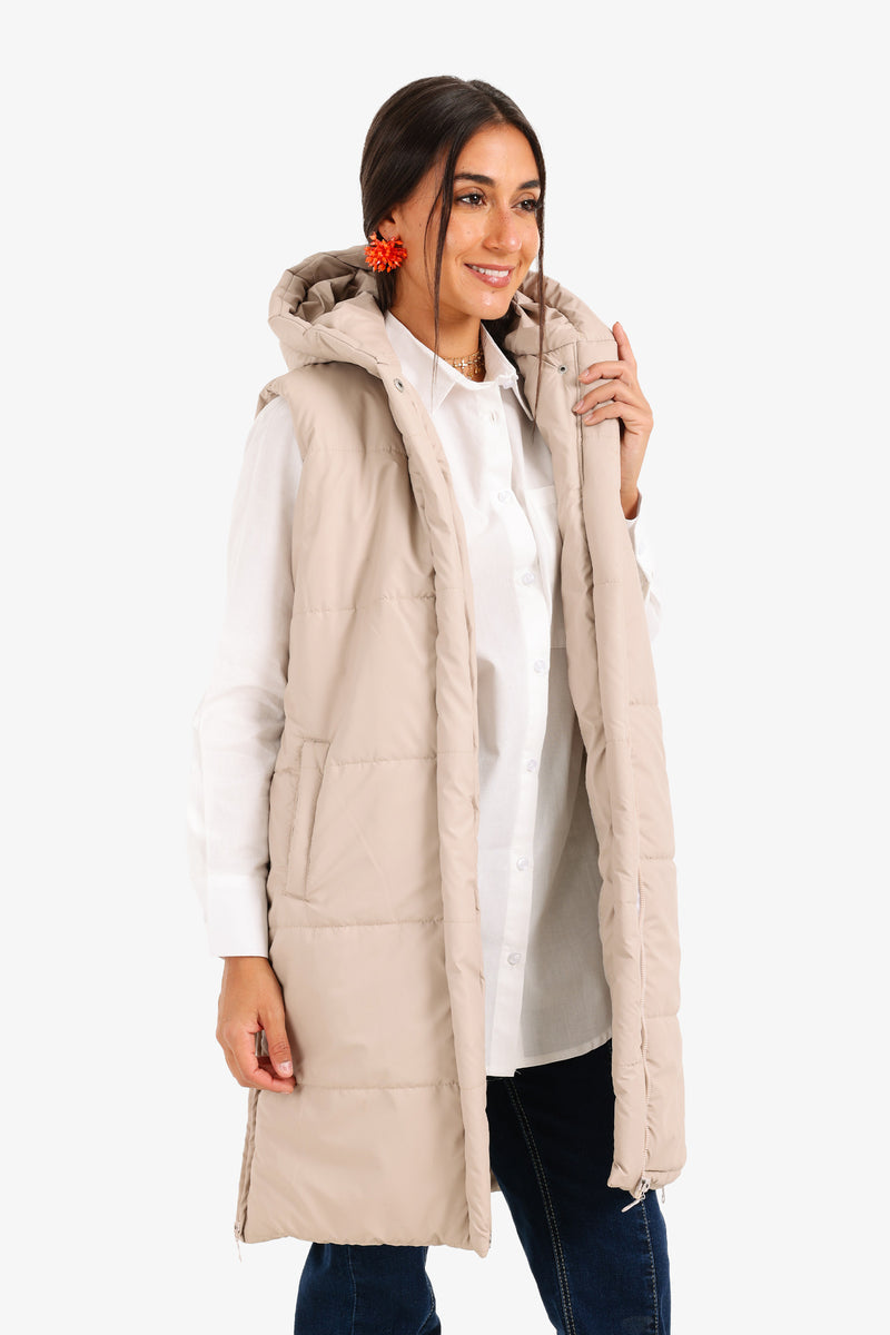 Polyester Hooded Long Puffer Vest – Beige