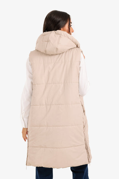 Polyester Hooded Long Puffer Vest – Beige