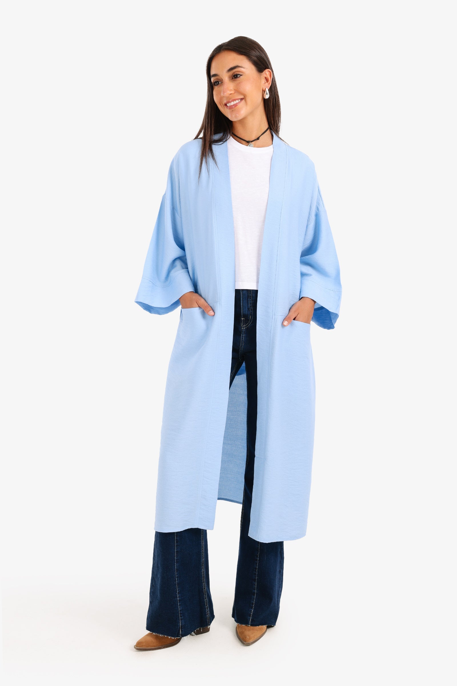 Solid Belted Knee-Length Cardigan – Light Blue