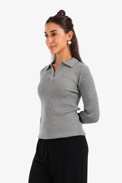 Polyamide Ribbed Tricot Pullover – Grey