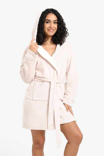 Velvet Solid Hooded Robe – Ivory