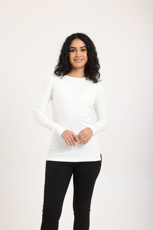Cotton Ribbed Long Sleeve Top – Off White