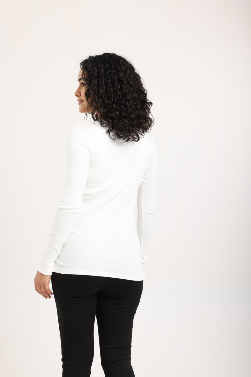 Cotton Ribbed Long Sleeve Top – Off White