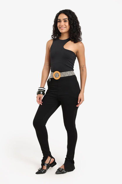 Cotton Blend Solid Zip-Hem Leggings – Black