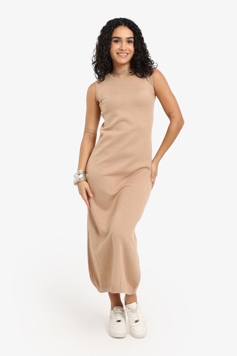 Polyamide Sleeveless Knitted Midi Dress – Beige