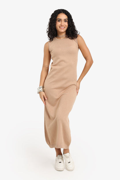 Polyamide Sleeveless Knitted Midi Dress – Beige