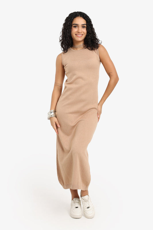 Polyamide Sleeveless Knitted Midi Dress – Beige