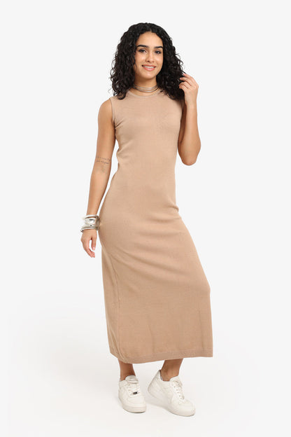 Polyamide Sleeveless Knitted Midi Dress – Beige