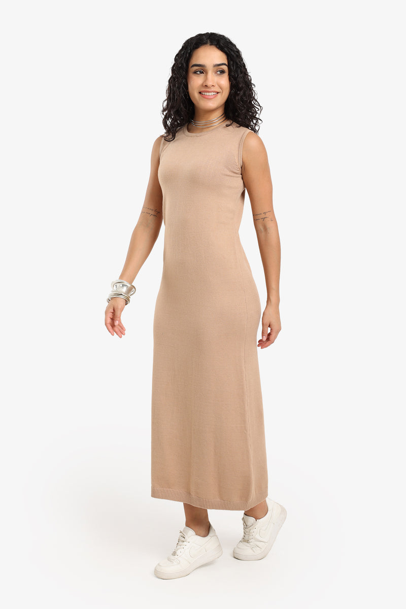 Polyamide Sleeveless Knitted Midi Dress – Beige