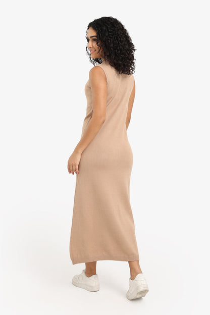 Polyamide Sleeveless Knitted Midi Dress – Beige