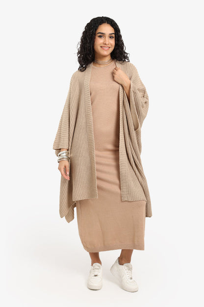 Acrylic Knitted Pattern Poncho – Beige