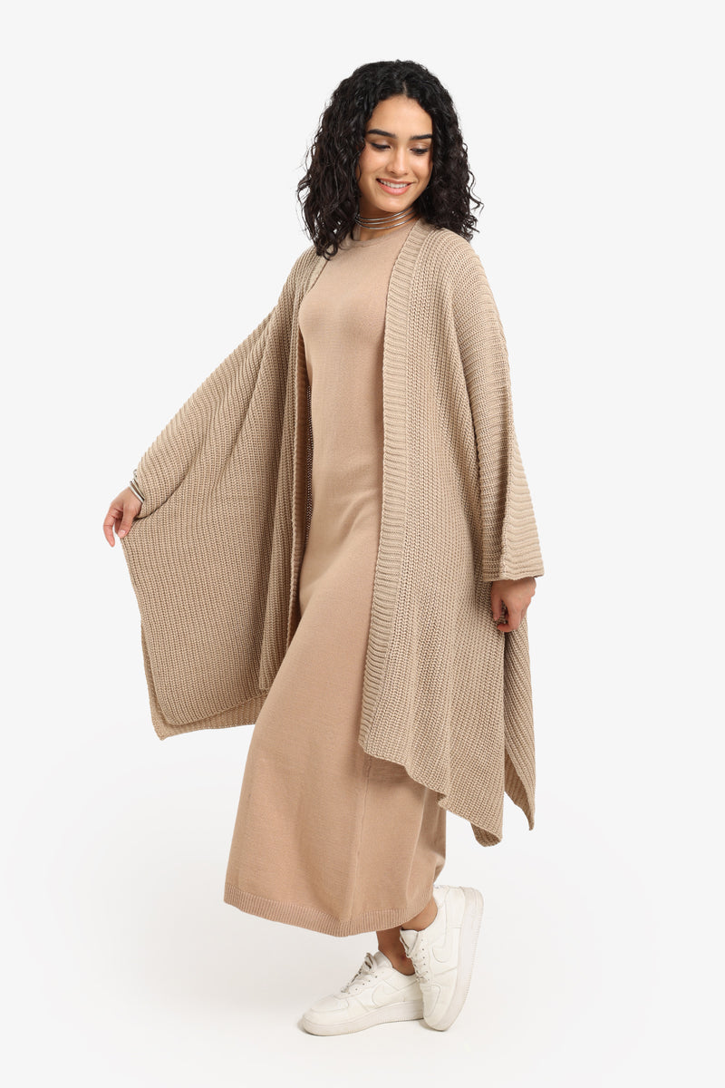 Acrylic Knitted Pattern Poncho – Beige