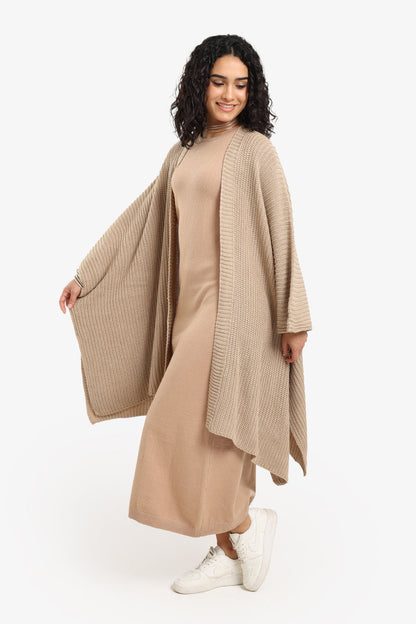 Acrylic Knitted Pattern Poncho – Beige