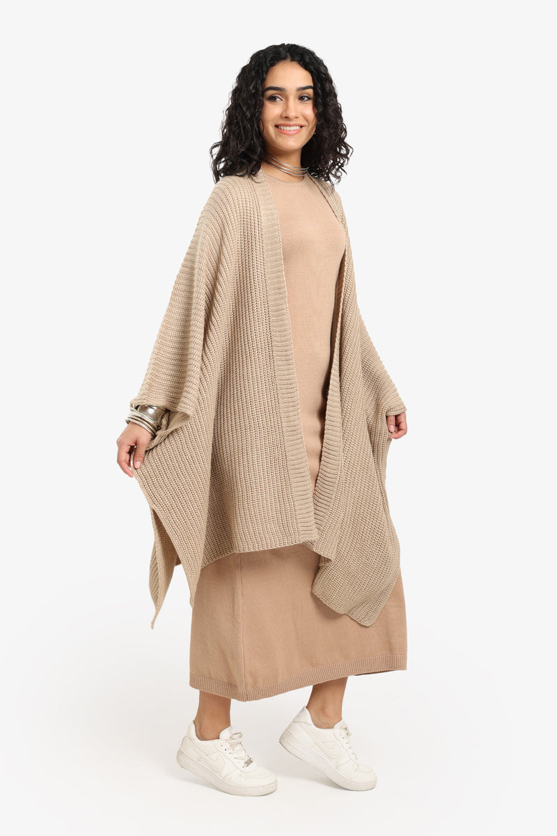 Acrylic Knitted Pattern Poncho – Beige