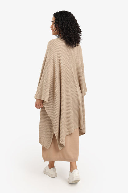 Acrylic Knitted Pattern Poncho – Beige