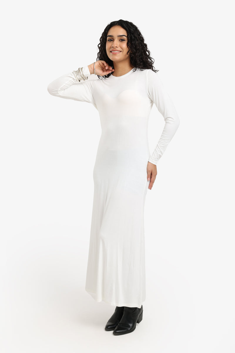 Viscose Blend Plain Knitted Long Dress – Off White