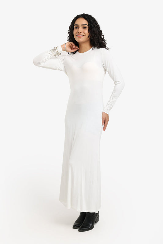 Viscose Blend Plain Knitted Long Dress – Off White